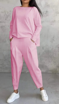 Modernes Komfort-Set: Langarmshirt + Hose - Rosa / S